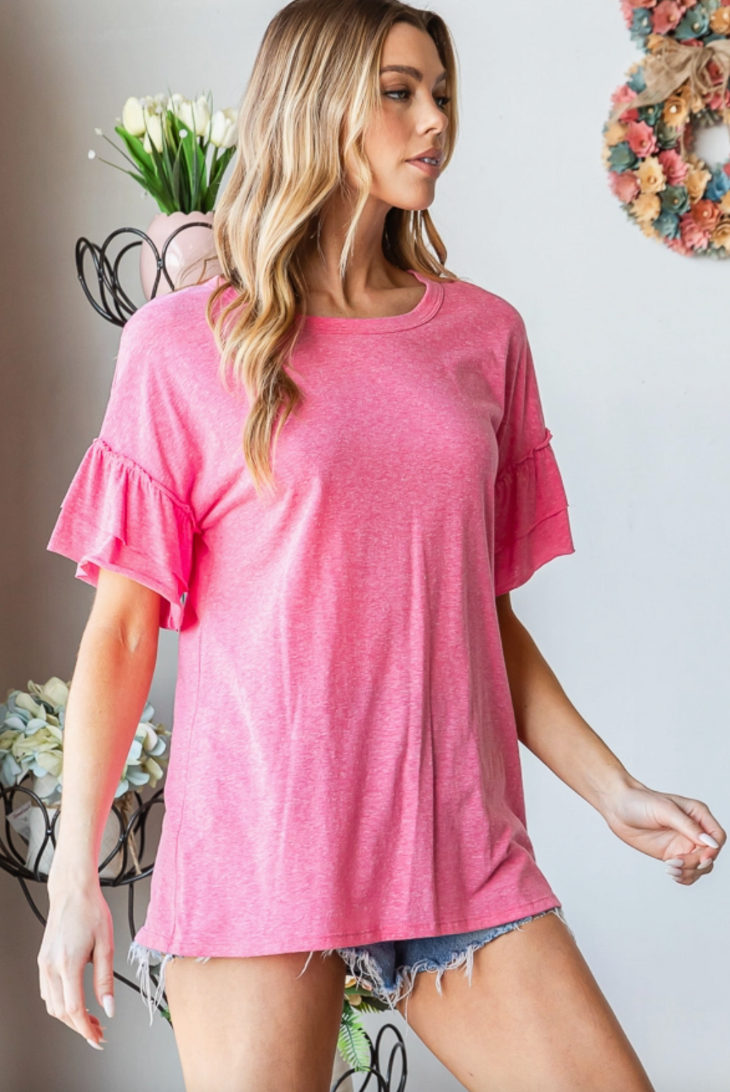 Double Ruffed Round Neck Solid Top- Hot Pink