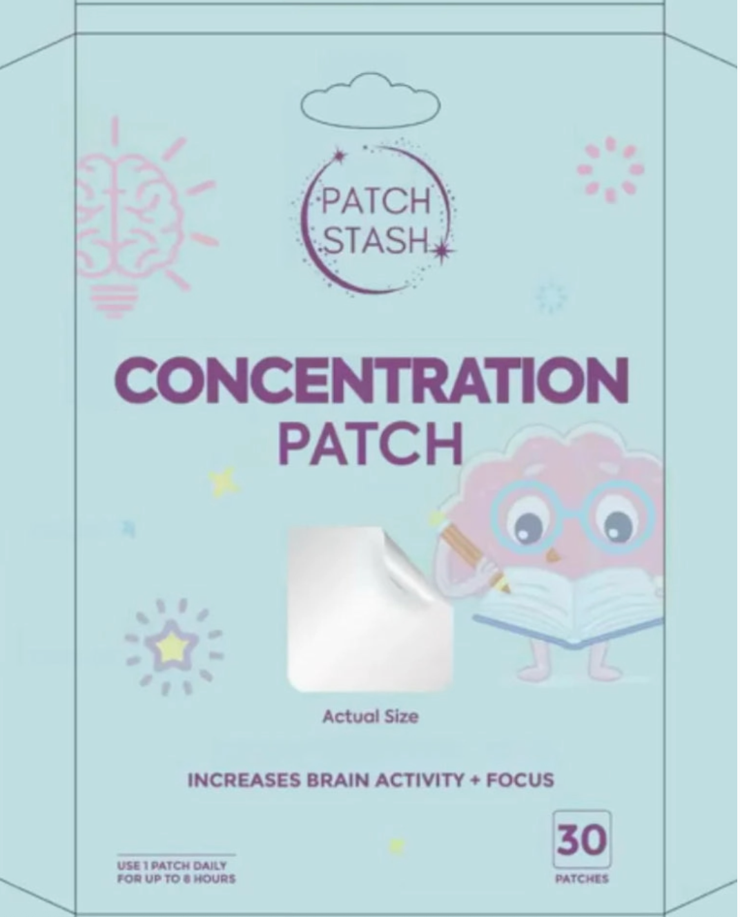 Patch Stash Concentration Patch |Brain Activity & Focus Patches – L-Theanine, 5-HTP, Lion’S Mane & Magnesium Malate, 30 Count, 3” X 3”, Transdermal Supplement