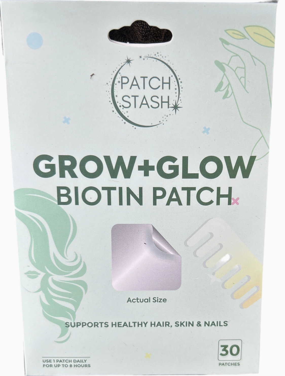 Patch Stash Grow + Glow Biotin Hair, Skin & Nail Support Patches – 30 Count, 3” X 3”, Transdermal Patch For Healthy Hair Growth & Skin Radiance