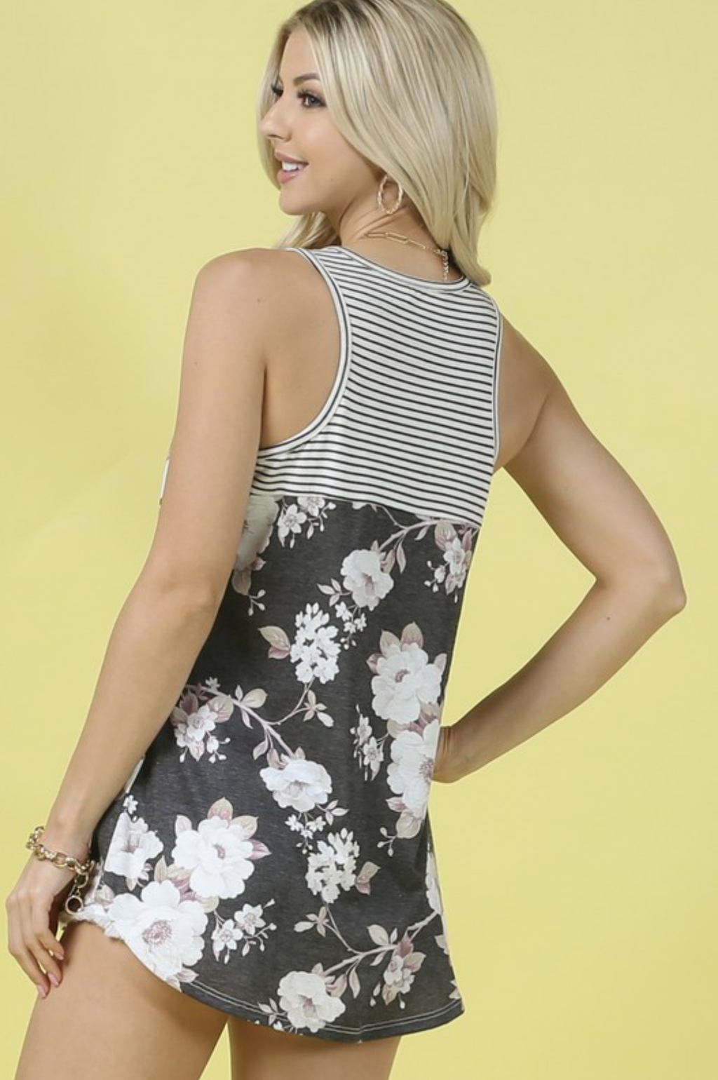 KIMBERLY Floral Print Striped Contrast Sleeveless Top