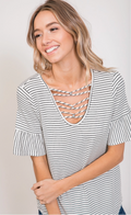 Stripe Strappy V Neck Ruffle Short Sleeve Top