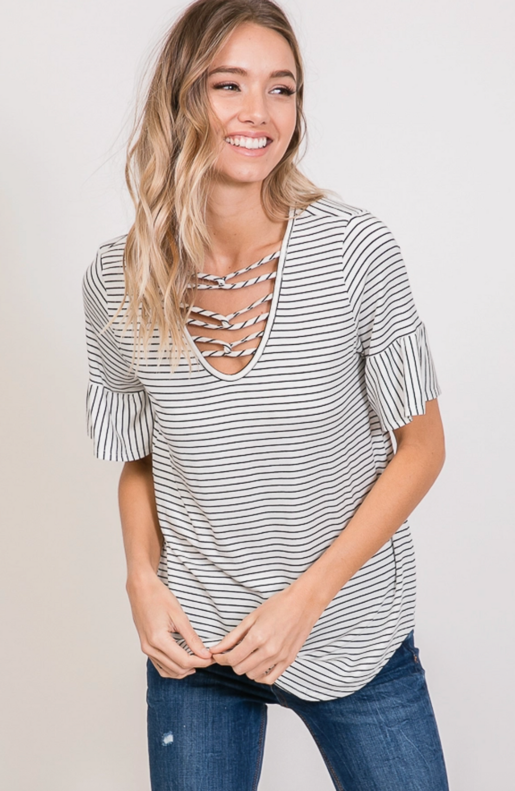 Stripe Strappy V Neck Ruffle Short Sleeve Top