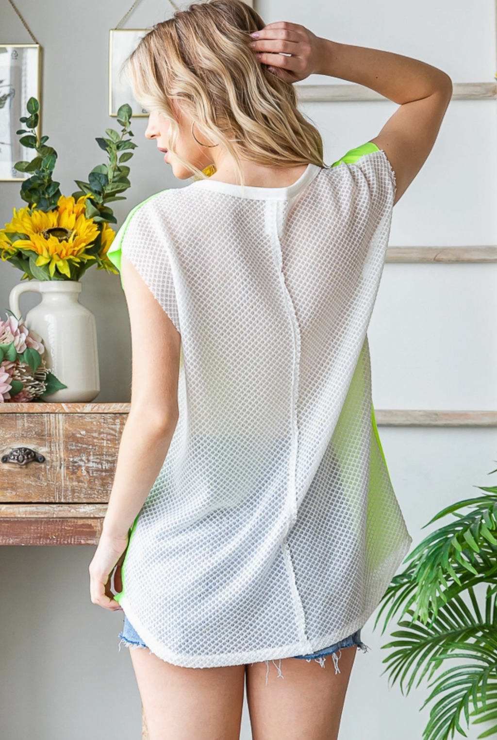 Star Print Color Block Panel Raw Short Sleeve Top