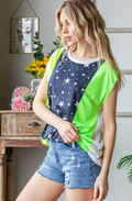 Star Print Color Block Panel Raw Short Sleeve Top