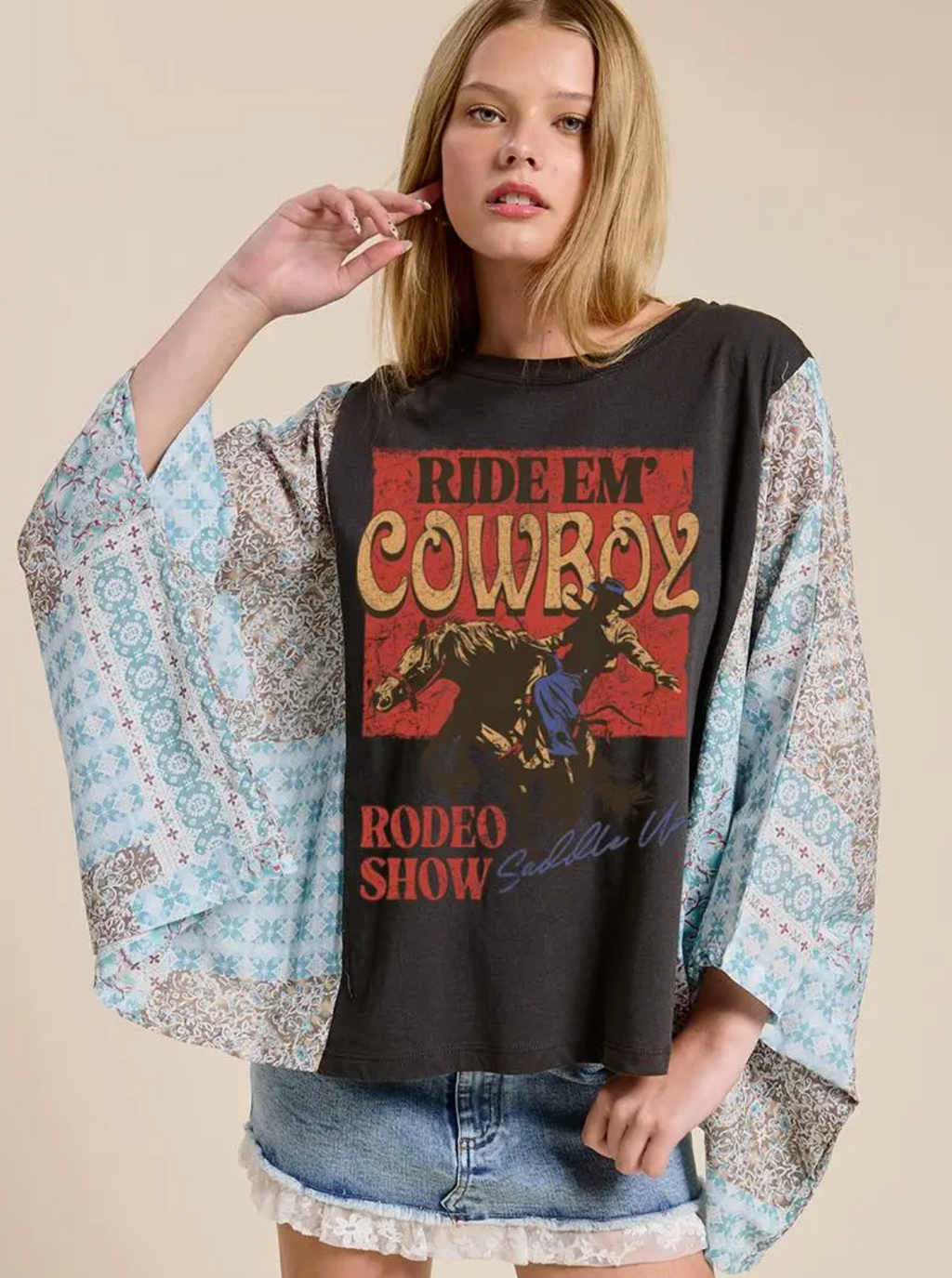 Ride Em' Cowboys Western Graphic Sheer Boho Kaftan Top