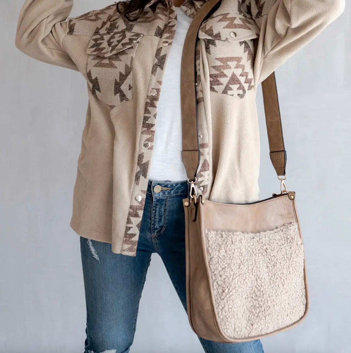 Chloe Teddy Trim Crossbody with Guitar Strap