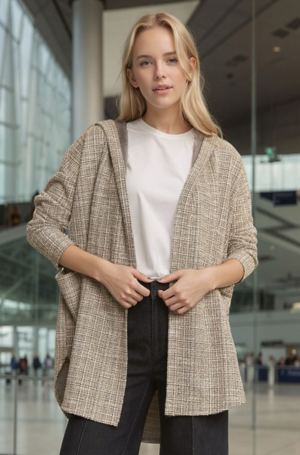 Boucle Fabric Hoodie Open Cardigan