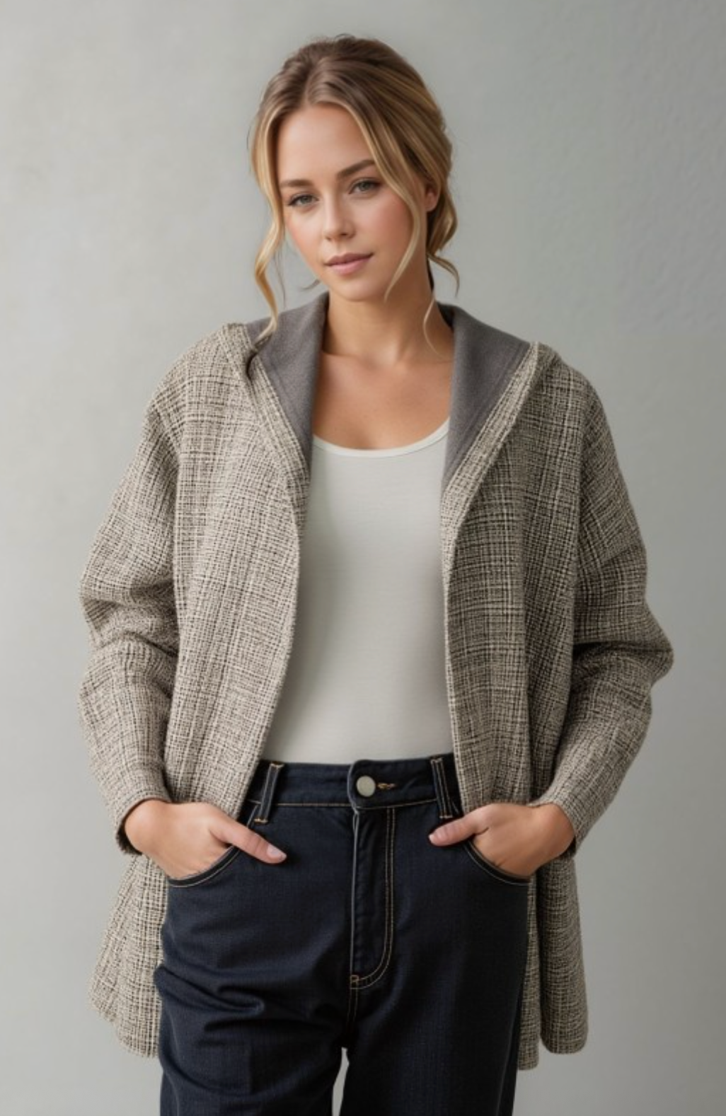 Boucle Fabric Hoodie Open Cardigan