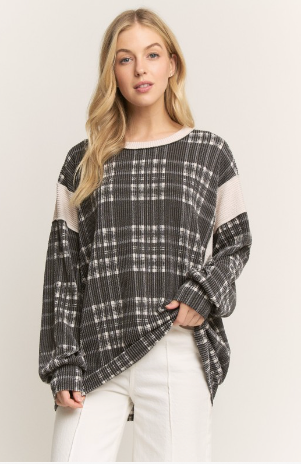 Black Long Sleeve Plaid Print Urban Rib Top