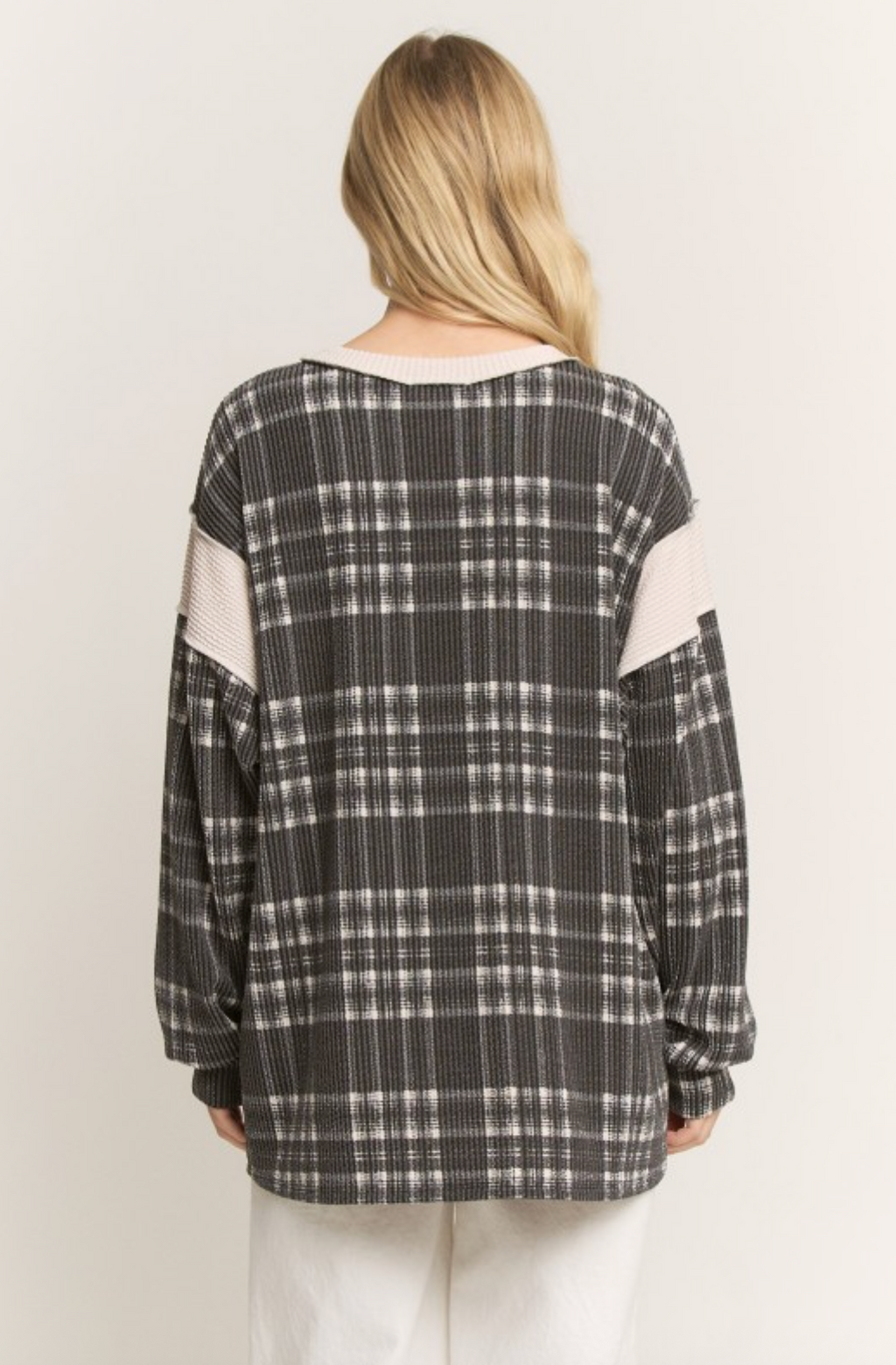 Black Long Sleeve Plaid Print Urban Rib Top