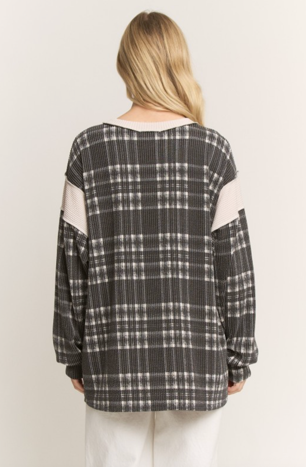 Black Long Sleeve Plaid Print Urban Rib Top
